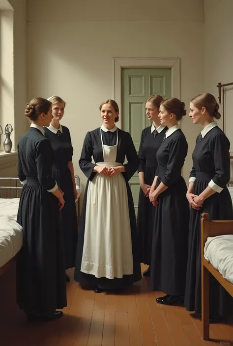 Florence Nightingale teaching nurses in a clean hospital ward.old art