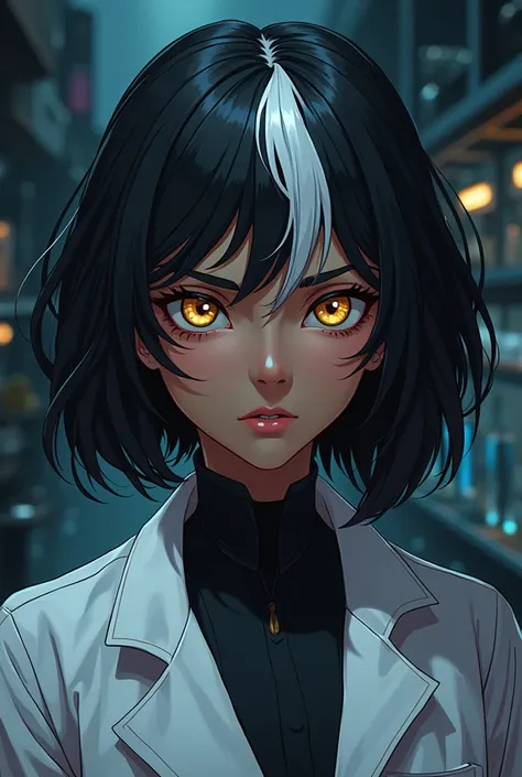 Anime style dark skinned female mad scientist with a white hair streak,golden colored eyes 