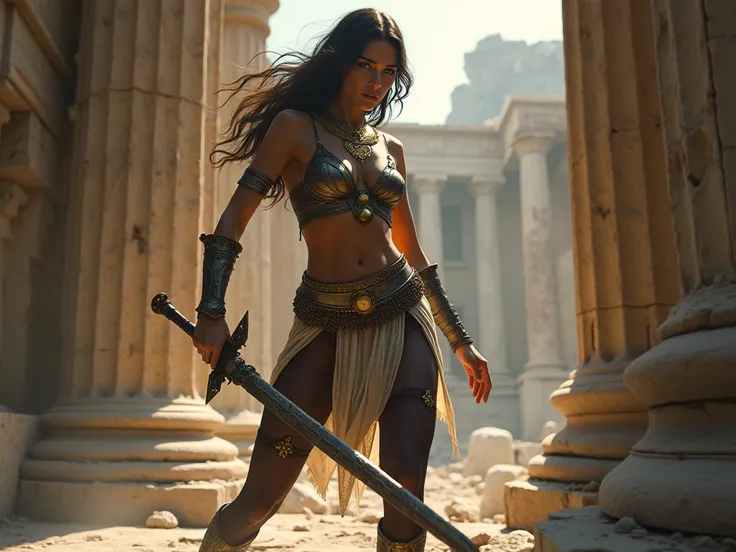 Beautiful European with very dark pantyhosed long legs looking like wonder woman in her armor and boots, wearing a sword and golden necklace, fighting in ancient temple ruins