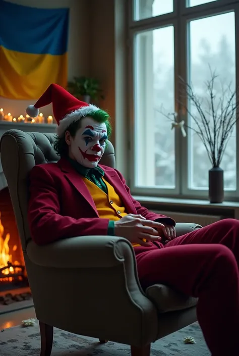 The joker in a New Years cap sits in a chair by the fireplace in the room, outside the window there is winter and snow, above the fireplace there is a flag of Ukraine, the joker looks like a real person, joker makeup.