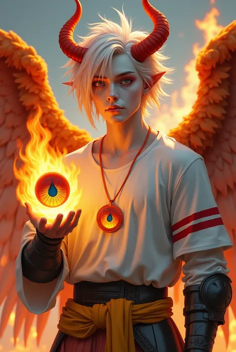 A man around 30 years old, appearing as an angel with pale white skin. On his head, he has four red-pink horns with an aurora floating above them. His hair is white with orange tips resembling fire. His eyelashes are red and black, his sclerae are orange, ...