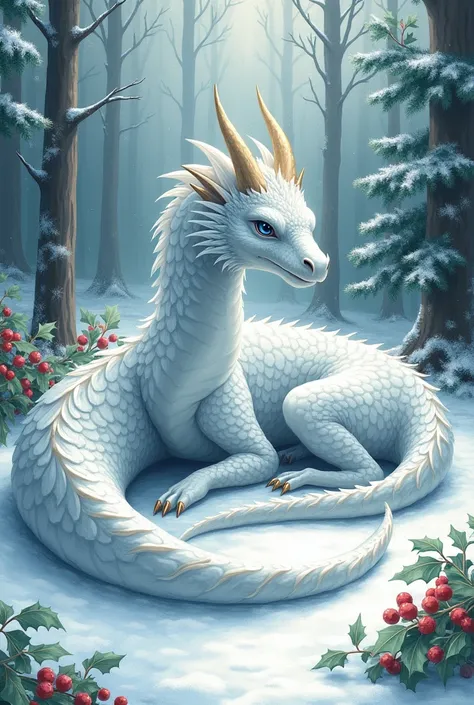 Create a snow dragon in a snowy forest drawing style , That it has some hollies , That the dragon is on the floor