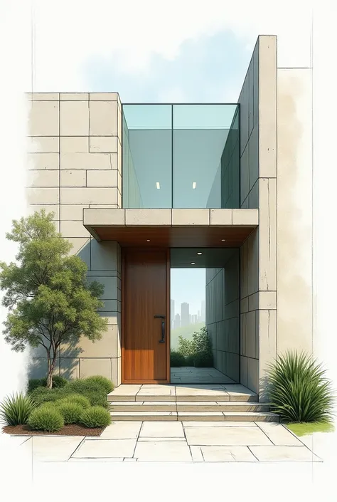 • Create a 10-15 minute quick sketch demonstrating the principle
• Write a brief reflection (2-3 sentences) connecting your sketch to the principle

Sketch a residential entrance where heavy masonry meets lightweight glass, showing material transitions