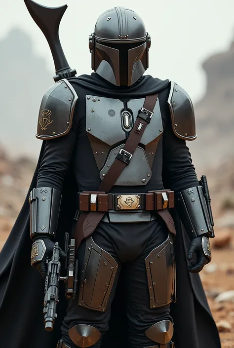  Create dark Mandalorian armor,  weapons with silver and gold details . Also create your 