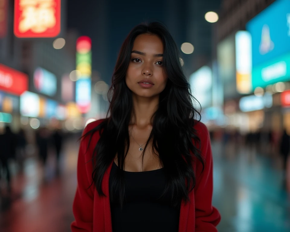 (8k, RAW photo, best quality, masterpiece:1.4), ultra high res, (realistic, photo-realistic:1.48), (super bokeh night city center:1.25), A woman with tanned skin, high cheek bones, extremely long pitch black hair, silver eyes, long black tank top, black pa...