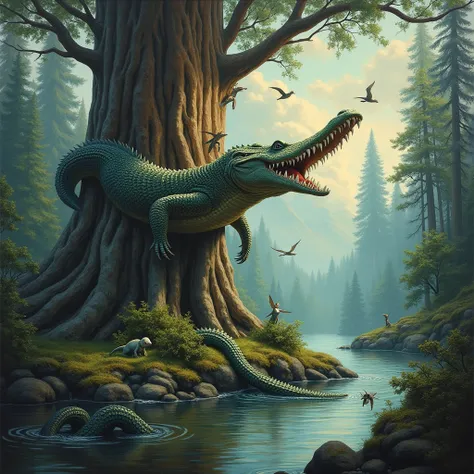 A forest of monsters :  little crocodiles descend tree trunks,  a huge toothy anaconda wraps around the sequoia ,  and charming mermaids sit on the branches laughing ,  pterodactyls and gargoyles fly across the sky , oil painting 