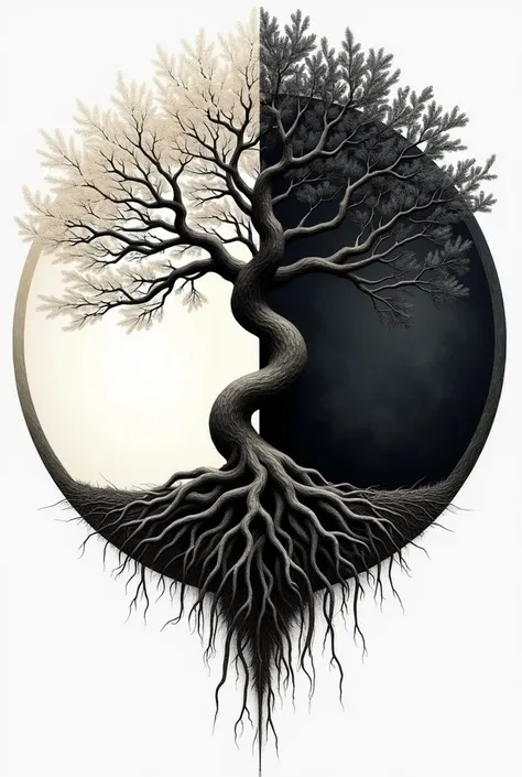 
Symbol of the Primordial God : life and death:
 A circle divided into two opposing halves :  one half white with a blossoming tree and the other black with dry branches and exposed roots. in the center,  a serpentine curved line connects both halves ,  re...