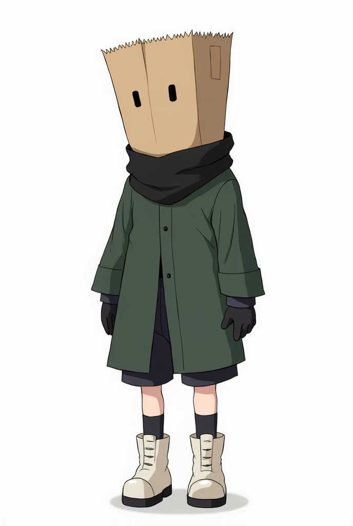 anime, inspiration in naruto, a boy, with paper bag over head, scarf black, green coat drak green, black gloves, black shorts, white butcher boots, white background