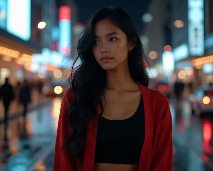 (8k, RAW photo, best quality, masterpiece:1.4), ultra high res, (realistic, photo-realistic:1.48), (super bokeh night city center:1.25), A woman with tanned skin, high cheek bones, extremely long pitch black hair, bright blue eyes, black tank top, black pa...