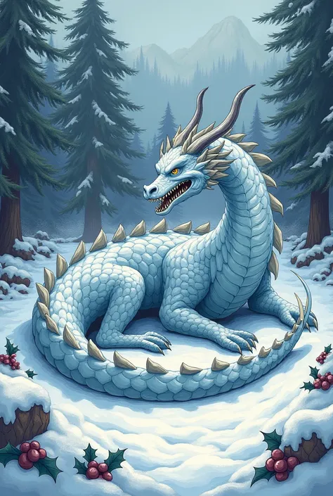 Create a snow dragon in a snowy forest drawing style , That it has some hollies , That the dragon is on the floor and is bitter , Let it be a Western dragon