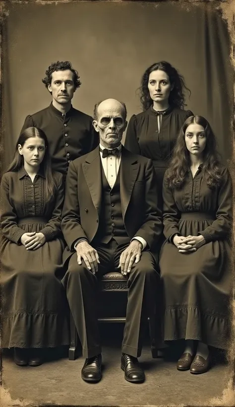 Old image of a family with a dead man dressed as alive