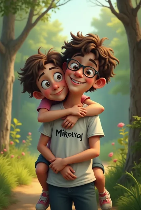 create an imagine of a boy with very short curly hair, 18 years old, wearing glasses and a tshirt with "Mikołaj" with adolf hitler hugging him from the back with a T-shirt with "Marcin" on it. the background is nature. they are happy and Its romantic