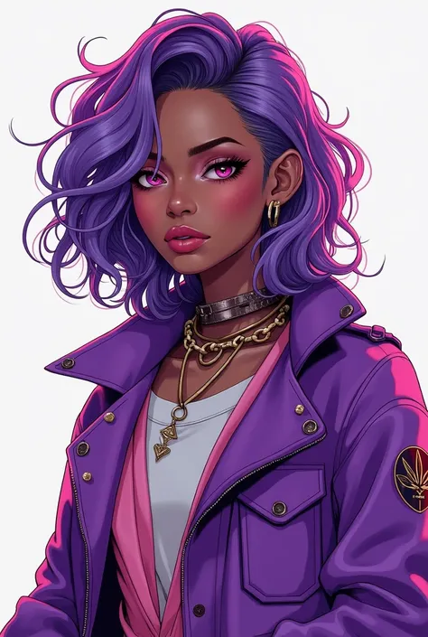 un gros plan dune personne avec des cheveux violets et une veste violette, art cyberpunk inspiré par rossdraws, tendance sur ArtStation, Afrofuturisme, :: rossdraws, rossdraws dessin animé vibrant, fan art vibrant, portrait rossdraws, rossdraws2. 0, rossdr...