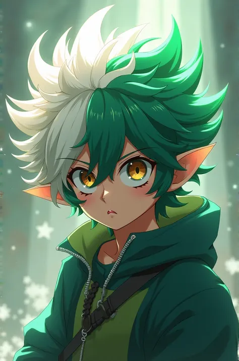 Izuku Midoriya with white and green messy hair and monkey features