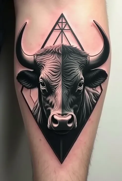 A tattoo that is half bulls head and the other half has a geometric bulls head 