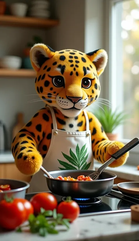  An ultra realistic and super fluffy jaguar ,  with its golden coat and well-detailed black spots ,  cooking in a modern and cozy kitchen .  The jaguar is wearing a simple apron , with tropical leaf print ,  window and have a focused expression while Hold ...