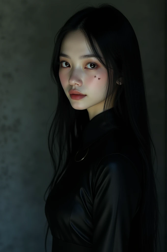 Make a girl with long thin black hair with 2 dots on her right eyebrow who wears black clothes 