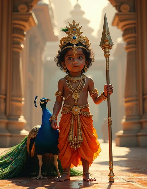 A cute little indian six year old boy dressed as Lord Murugan, holding a divine spear called vel in hand, with a peacock standing besides him, in a temple complex, very divine , 32k uhd, ultra realistic , eyes and face facing straight at the camera 