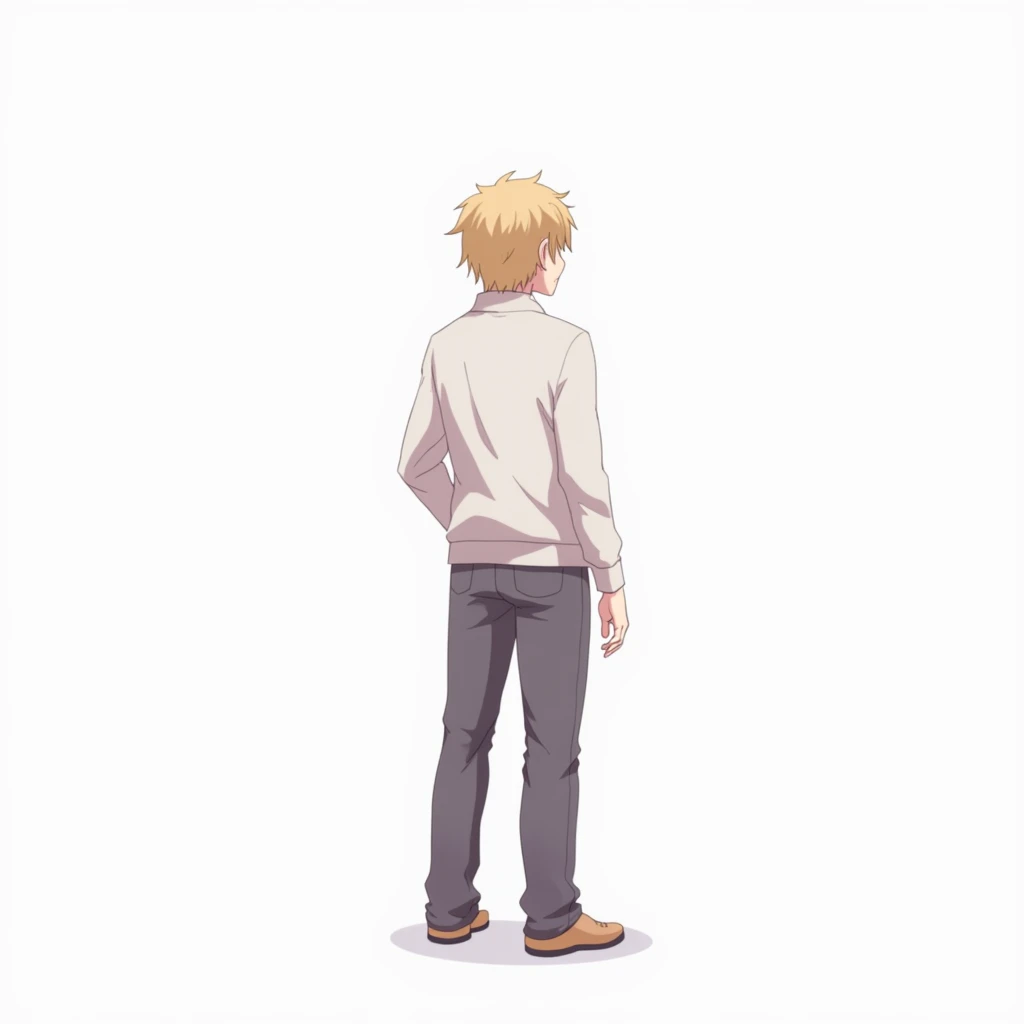  A male anime character appears alone in infinite white space.  The character has a detailed and stylized design ,  with vibrant colors and soft shadows . The background is completely white, without any other visible element , , which highlights the figure...