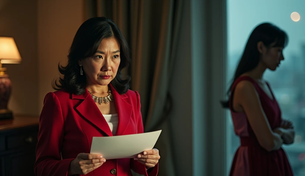 A dramatic and visually striking thumbnail featuring a luxurious Gangnam mansion in the background. In the foreground, an elegant middle-aged Korean woman with a stern and suspicious expression holds a letter in her hand. Opposite her stands a humble Korea...