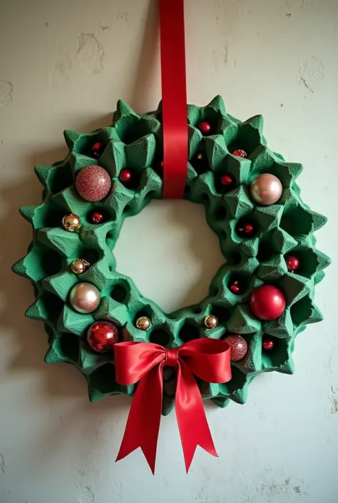 Images of a Christmas wreath made with cardboard from green egg boxes that have a red ribbon , Christmas balls and so on things to decorate so that the image stops taken by a person and that does not have much quality and a slightly worn wall background