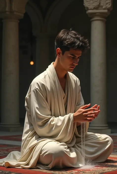 A picture of a young man performing ablution