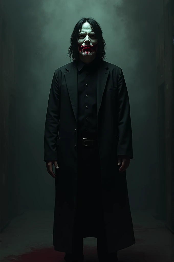 Doctor with black hair doctors robe mask with a smile painted with blood and black pantsp