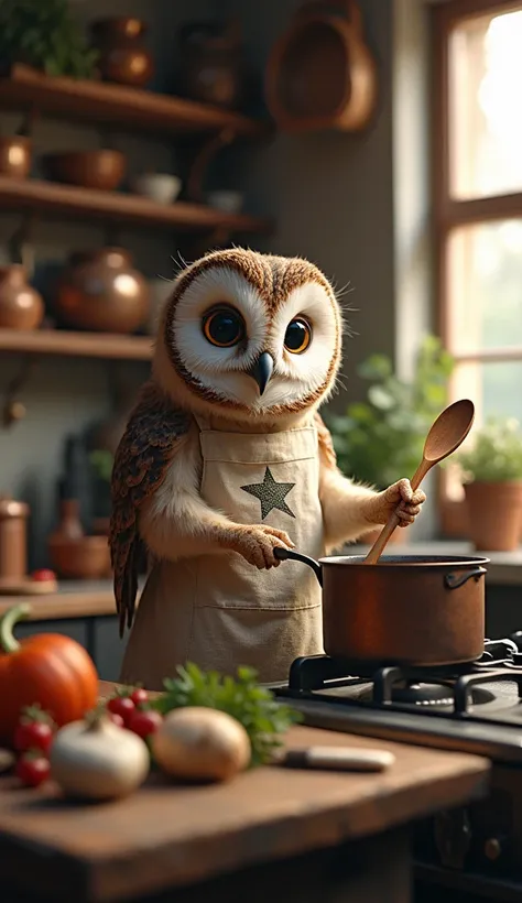  An ultra realistic and super cute owl ,  with feathers detailed in shades of brown and white ,  cooking in a rustic and cozy kitchen .  The owl is wearing a small linen apron , with star and moon print ,  and has a curious expression while holding a woode...