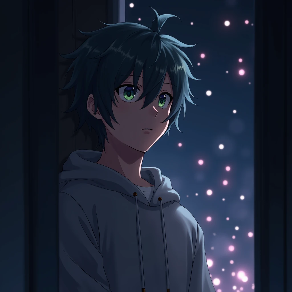 A male anime character returns to his corner in a dark and mysterious room,  but is now surrounded by small floating lights that gently illuminate the environment . The lights create a magical and ethereal atmosphere ,  with flashes of bright colors that c...