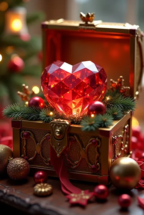 A red heart-shaped diamond with Christmas decorations in a gold chest
