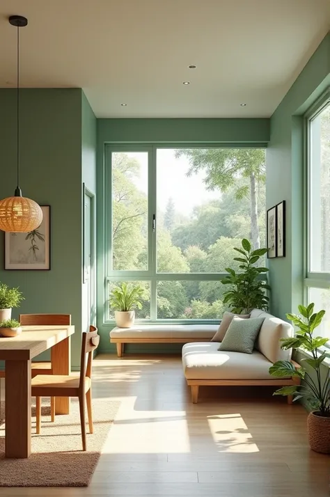 A living dining room with a separation and a light green wall 