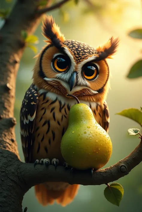 Owl with big eyes clutching a pear