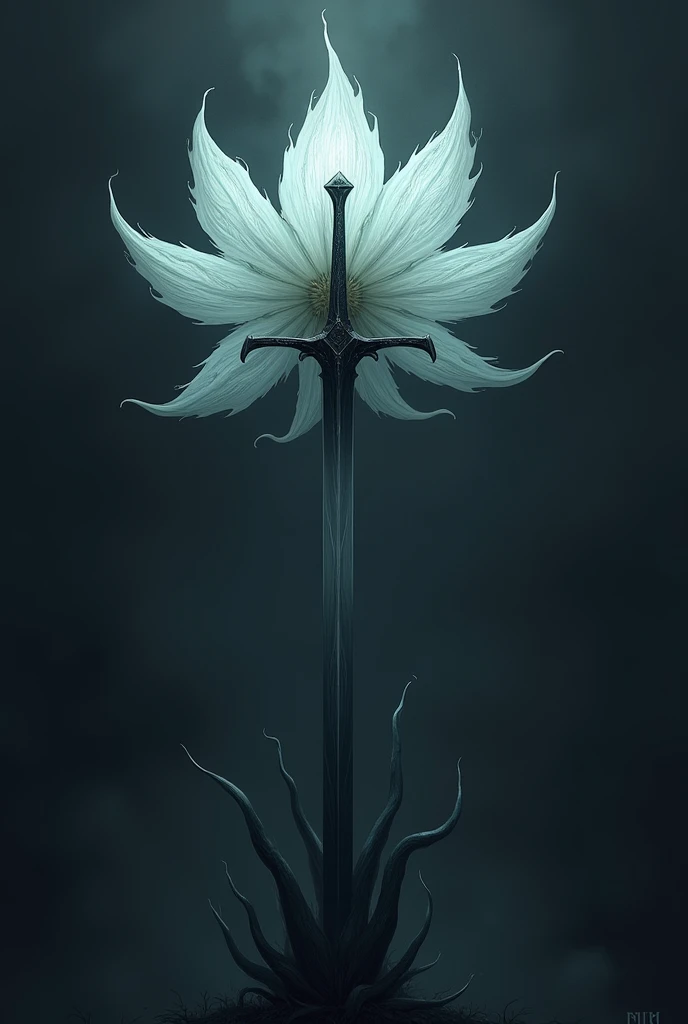 A fan art of the flower Licorys radiata with a dark background and a sword pierced like a shadow