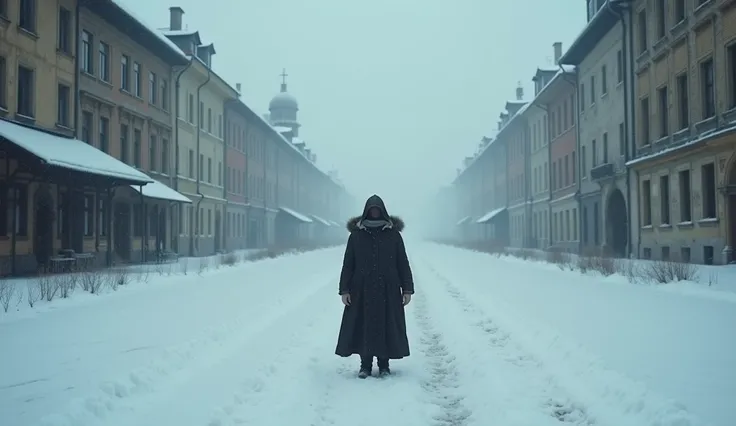  A solitary figure in a snow-covered 19th century European city, symbolizing the Year Without Summer .