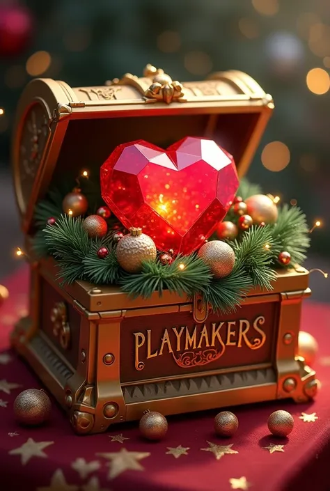 A red heart-shaped diamond with Christmas decorations in a gold chest with the word PLAYMAKERS in the center 
