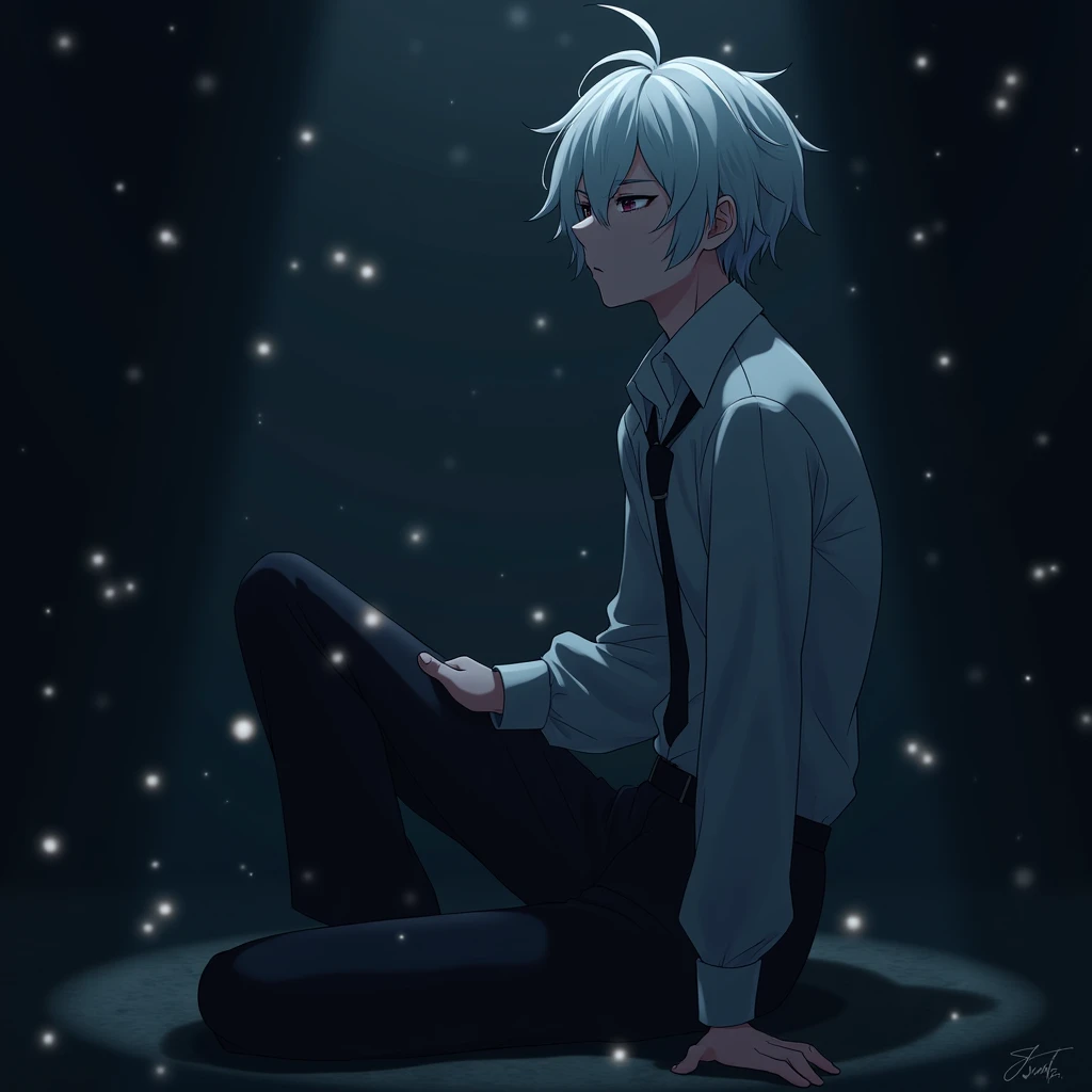 A male anime character sits quietly in the dark,  with a serene expression on her face .  The floating lights around him slowly disappear , creating a mystical and ethereal environment .  The lighting is dim and soft ,  with dark tones and deep shadows tha...