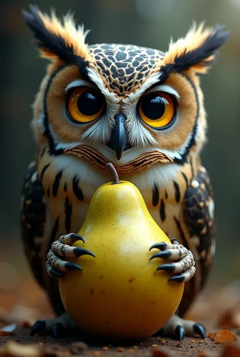 owl with very large eyes clutching a pear