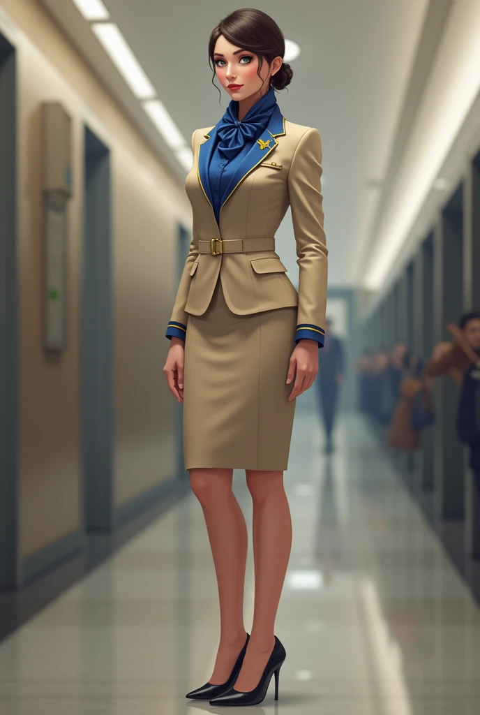 You have a flight attendant  , beige knee-length uniform with blue stripe and blue shirt with a beige jacket with a blue scarf around the collar with a gold airplane badge on the jacket and stilettos black heels 