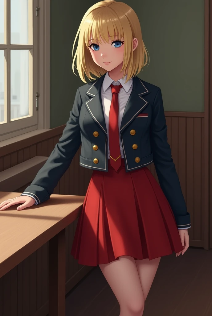  Very young European schoolgirl in a short red skirt, unbuttoned jacket and tie ,   in stockings,   heels, is at the table, ended, plump  , earrings,  bright makeup,   beautiful blonde  ,   short hair ,,  ,   blue eyes  