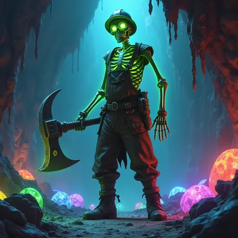 A skeleton in a miners outfit, with glowing green eyes, holding a large pickaxe, and a cave background with several glowing colored rocks.