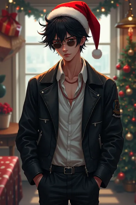 messy black hair shirt jacket black leather color white male lenses long pants black ruby chain Christmas hat 