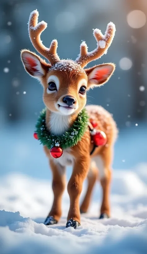 Picture an adorable baby reindeer standing in soft, glistening snow, gazing directly at the viewer with wide, glossy eyes full of wonder and curiosity. Its fur is a warm, rich brown, with lighter accents around its cheeks and ears, giving it a soft and cud...