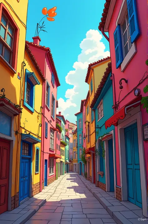  Image of a street with buildings on the sides but that are animated, Drawing,  and that is colorful with lots of windows . The street that is not so big , angosta. 