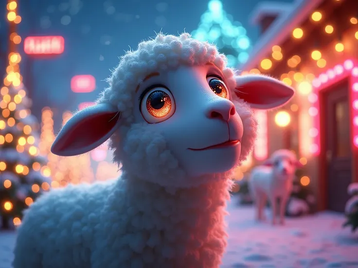 
amazed Christmas sheep with big eyes and many Christmas lights reflected in the eyes and a Christmas background with neon lights