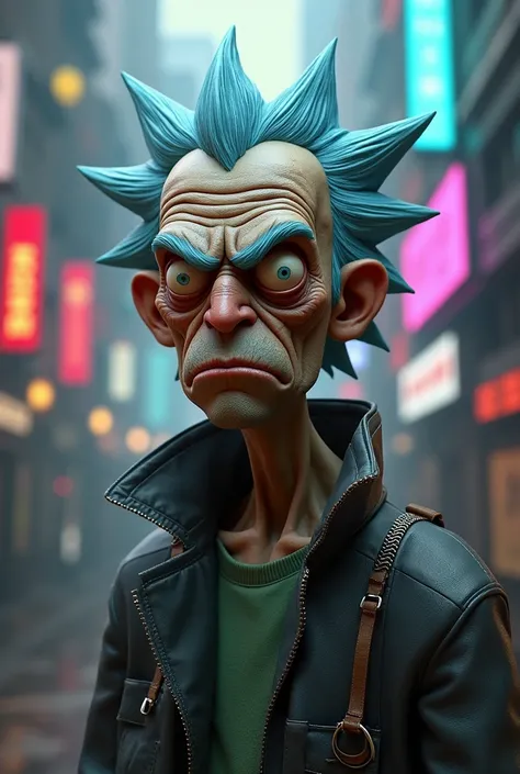 Rick character from the Rick and Morty cartoon in realistic 3d, thin, Cyberpunk setting, look of contempt 