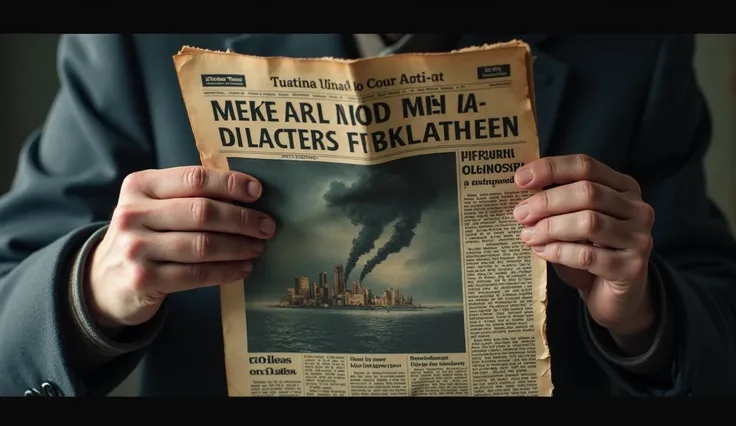  An old newspaper with headlines about Millions of Deaths and images of columns of smoke. A hyper-realistic scene of hands shaking while holding the newspaper .