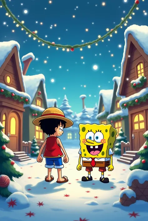 Luffy avec bob léponge il arrive dans le monde Noël 