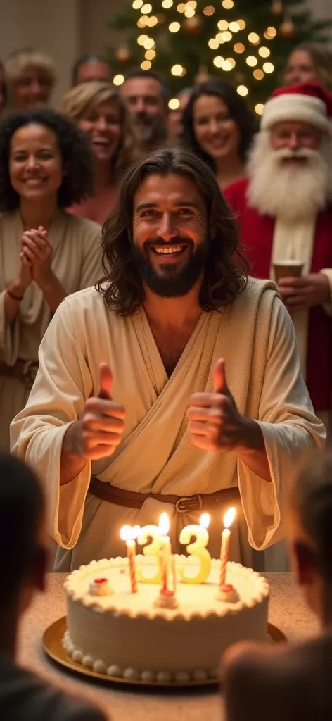 In this scene, the charismatic man, representing Jesus, is dressed in simple yet elegant attire that reflects humility and timelessness. His clothing consists of: 

A light-colored robe: The robe is made of a soft, flowing fabric, likely a beige or off-whi...