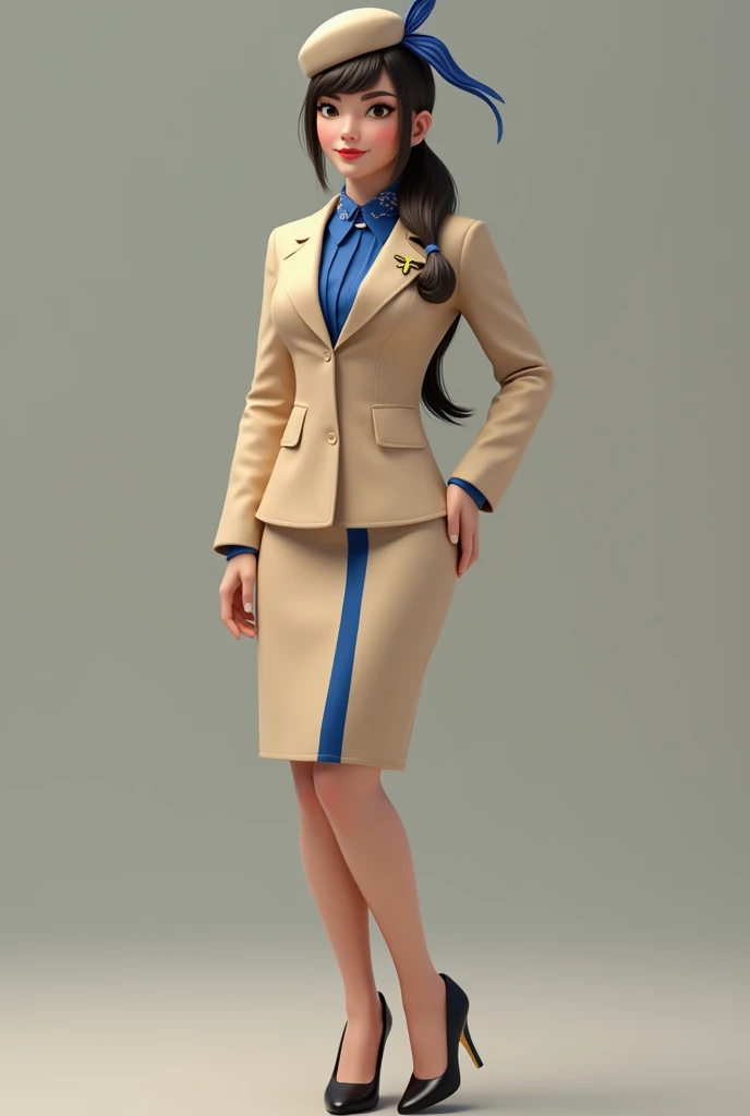 You have a flight attendant  , beige knee-length uniform with blue stripe and blue shirt with a beige jacket with a blue scarf around the collar with a gold airplane badge on the jacket and stilettos black heels ,with her hair tied back and a beige beret w...