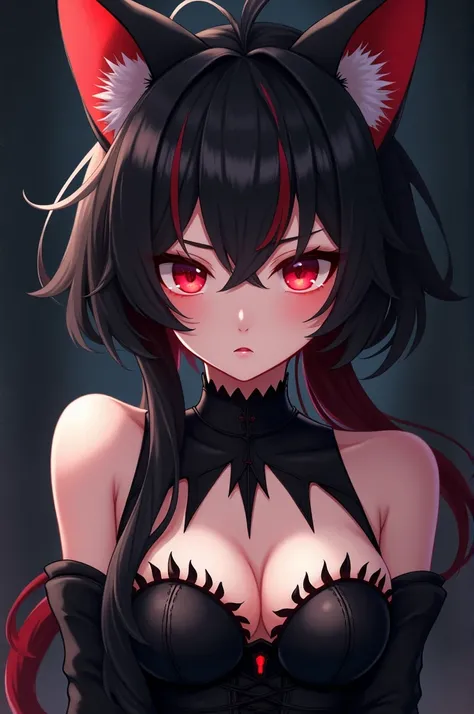 Anime girl wearing short black corset with bat tips black hair with red tufts black and red cat ears red eyes look would be 